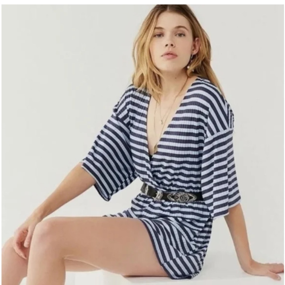EUC Urban Outfitters Ribbed knit striped surplice neck short sleeve mini romper